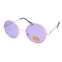 Load image into Gallery viewer, The Sonnenbrille Unisex Rund Hippie Brille John Lennon 400UV features thin gold frames, purple-tinted round lenses, black ear tips, and a small sticker on one lens for an authentic Hippie Brille look.
