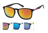 Load image into Gallery viewer, The Sonnenbrille Designer Retro schwarz offers mirrored lenses in orange, blue, or purple with pink or yellow colored temple accents. Enjoy stylish, unisex design and 400 UV protection from these eye-catching sunglasses.
