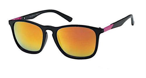 The Sonnenbrille Designer Retro schwarz Brille features black frames, colorful mirrored lenses, pink arm accents, and 400 UV protection, shown on a white background.