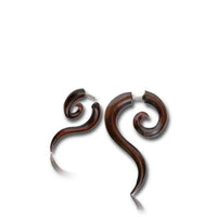 Load image into Gallery viewer, These dark brown wooden earrings, named "Ohrring Holz Fake Piercing lange Spirale Edelstahl Dehnschnecke," feature a curved spiral shape—ideal as a stylish fake piercing or elegant dehnschnecke accessory.
