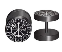 Cargar imagen en el visor de la galería, A round, black fake piercing plug (10mm) made from stainless steel features white Norse runes and a Vegvisir (Viking compass)—perfect for fans of Viking and Celtic-inspired jewelry.
