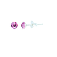 Load image into Gallery viewer, A pair of faceted, sparkling translucent light green glass stud earrings, 5 mm diameter, set on 925 sterling silver posts, shown from front and side views against a plain white background.
