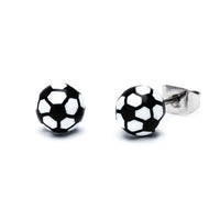 Load image into Gallery viewer, A pair of Ohrstecker Sport Ball rund 6 mm Unisex Ohrringe, crafted from nickelfrei Edelstahl and Acryl featuring a soccer ball sport motif, displayed on a white background.
