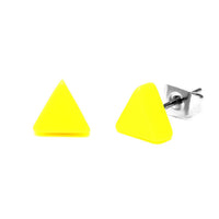 Load image into Gallery viewer, A pair of 6 mm thick, colorful triangular acrylic unisex Ohrstecker earrings with nickel-free stainless steel backings, shown on a white background.
