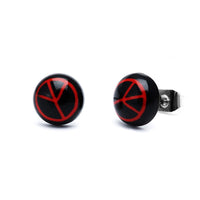 Load image into Gallery viewer, These round black Ohrstecker Halbkugel Peace 8 mm Acryl Unisex Ohrringe feature a red Peace symbol on each and a stainless steel, nickel-free fastening. One earring is front-facing; the other shows the twisted metal back on a white background.
