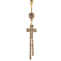 Cargar imagen en el visor de la galería, Bauchnabelpiercing golden Kreuz Reihen Zirkonia Steine zwei Kugeln Edelstahl - chic - net.de

