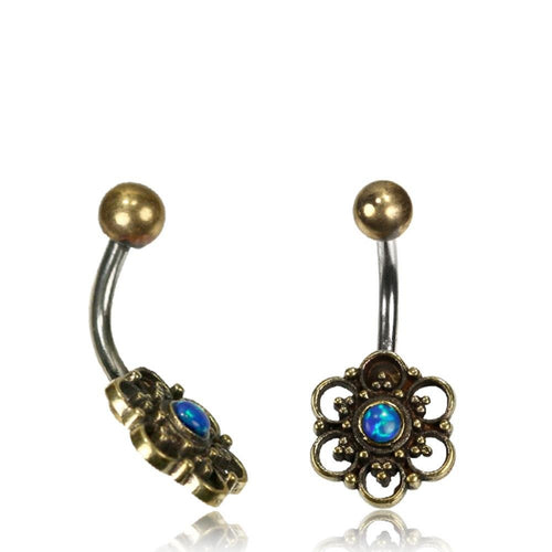 Bauchnabelpiercing Messing Edelstahl antik golden silbern Blüte blauer Opal - chic - net.de