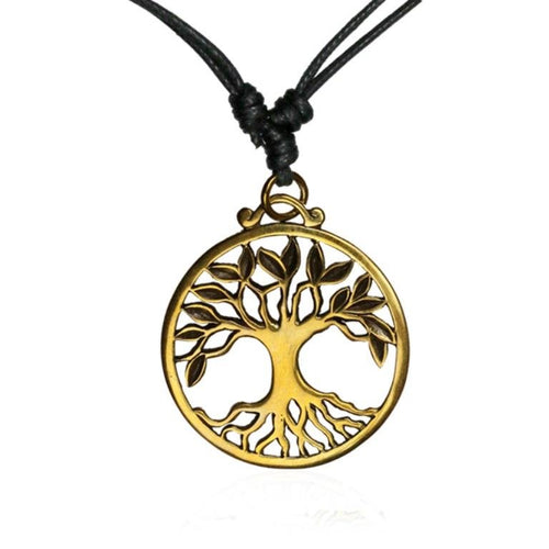 Baumwollband Kette schwarz großer Anhänger Brass antik golden Baum des Lebens - chic - net.de