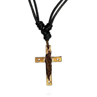 Load image into Gallery viewer, Baumwolle Kette schwarz Anhänger Kreuz mit Feder Brass antik golden - chic - net.de
