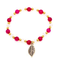 Load image into Gallery viewer, Brass Armband golden Achat pink Perlen Kristalle weiß Blatt Charm verstellbar facettiert - chic - net.de
