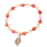 Load image into Gallery viewer, Brass Armband golden Achat rosa Perlen Kristalle facettiert Blatt Charm verstellbar - chic - net.de
