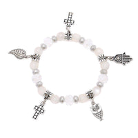 Load image into Gallery viewer, Brass Charm Armband silbern weiß Kristall Stein Perlen Kreuz Khamsa Blatt verstellbar - chic - net.de
