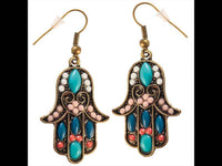 Load image into Gallery viewer, Brass golden Hamsa Khamsa Ohrringe schmal Herz weiß rosa blau Töne Steine - chic - net.de
