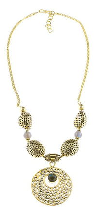 Load image into Gallery viewer, Brass Kette Halskette Kreis golden Labradorit verschnörkelt Anhänger Brassperlen - chic - net.de

