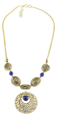 Load image into Gallery viewer, Brass Kette Halskette Kreis golden Lapis Stein blau verschnörkelt Anhänger Brassperlen - chic - net.de
