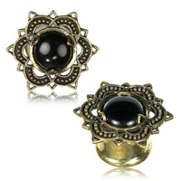 Load image into Gallery viewer, Brass Plug Lotus Blume Onyx Stein antik golden Tunnel Organic Messing - chicnit.com
