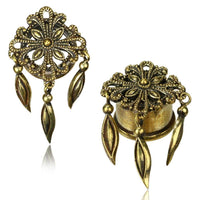 Load image into Gallery viewer, Brass Plug Kreuz Mandel Anhänger antik golden Tunnel Organic Messing - chicnit.com
