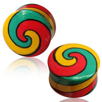 Load image into Gallery viewer, Holz Plug bemalt Spirale grün rot gelb Tribal Tunnel Unisex Ohrschmuck Teakholz Ohrstecker - chicnit.com
