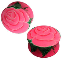 Load image into Gallery viewer, Holz Plug Rose Blume rosa grün Tunnel Ohrschmuck Teakholz Ohrstecker Ohrringe Expander - chicnit.com

