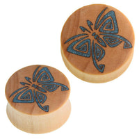 Load image into Gallery viewer, Holz Plug Schmetterling crushed Türkis Stein Inlay blau Krokodilholz - chicnit.com
