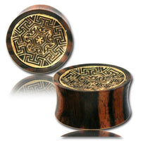 Load image into Gallery viewer, Holz Plug Tamarindenholz Labyrinth Blume Brass Inlay antik gold Tribal Tunnel Organic Expander - chicnit.com

