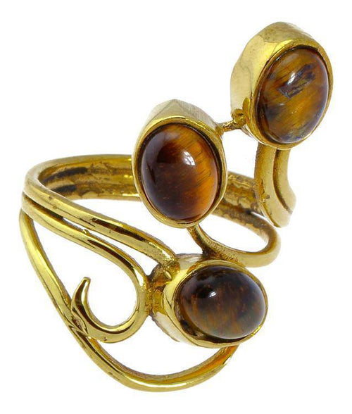 Messing Ringe breit Tigerauge braun Spirale verschnörkelt golden nickelfrei antik Tribal Steinringe - chicnit.com