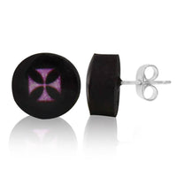 Load image into Gallery viewer, Ohrstecker Kokosnuss Malteser Kreuz pink schwarz Holz Silberohrringe 925er Silber - chicnit.com
