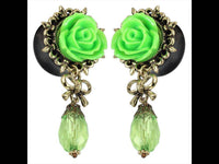 Load image into Gallery viewer, Plug Acryl Brass Rose Glastropfen grün Schleife Lilienrand golden Anhänger Piercing - chicnit.com
