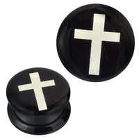 Load image into Gallery viewer, Schraub Plug Acryl schwarz weißes Kreuz Piercing Ohrschmuck - chicnit.com
