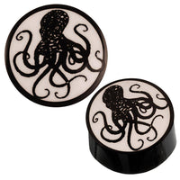 Load image into Gallery viewer, Schwarz Horn Plug glänzend weißes Bone Inlay Tintenfisch Oktopus Tribal Expander - chicnit.com
