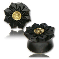 Load image into Gallery viewer, Tamarinden Holz Plug schwarz Brass Inlay Lotusblume Tunnel gold antik nickelfrei Tribal Expander - chicnit.com
