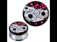 Load image into Gallery viewer, Tunnel silbern Edelstahl Plug Acryl Sugar Skull Katze Schleife pink Piercing - chicnit.com
