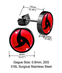 Load image into Gallery viewer, A pair of Edelstahl Ohrstecker schwarz rot 8mm Sharingan Auge stud earrings inspired by Naruto Anime, with spiral design, 10mm length, 8mm width, 2mm thickness, made of 316L stainless steel and 0.8mm (20G) gauge size.
