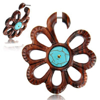 Load image into Gallery viewer, Fake Holz Piercing braun Blume Türkis gemasert Brass golden Steckverschluss - chic - net.de
