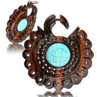 Load image into Gallery viewer, Fake Holz Piercing Narra Wood Türkis Inlay Rad Edelstahl Ohrstecker Organic Tribal - chic - net.de
