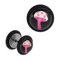 Cargar imagen en el visor de la galería, Fake Piercing Plug Edelstahl Fliegenpilz Pilz pink weiß schwarz Gummiring 7 mm - chic - net.de
