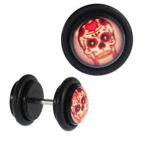 Load image into Gallery viewer, Fake Piercing Plug Totenkopf rot pink Skull mexikanisch Blumen Acryl Gummiring 7 mm - chic - net.de
