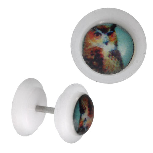 Fake Piercing Plug weiß Eule braun türkis Hintergrund Gummiring 7 mm - chic - net.de