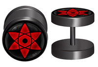 Load image into Gallery viewer, A pair of 10mm black Edelstahl fake plug earrings showcasing a red Blume des Lebens Viking design on a black background—one shown front, one from the side—perfect for fans of bold fake piercings.
