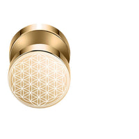 Load image into Gallery viewer, A gold, round Fake Plug Piercing aus Edelstahl (10mm) with a shiny finish and an engraved Blume des Lebens Viking pattern on its face, displayed against a plain white background.
