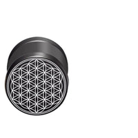Load image into Gallery viewer, The Fake Plug Piercing Edelstahl 10mm Blume des Lebens Viking features a black finish with a white flower of life design on its circular end, shown against a plain white background.
