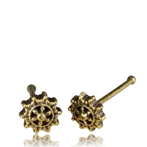 Gerader Nasenstecker Nostril Tragus antik golden Zahnrad Blume Messing 8 mm lang - chic - net.de