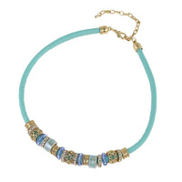 Load image into Gallery viewer, Glitzer Brass Leder Kette golden türkis blau Perlenringe 41,5 - 49,5cm Karabiner Keramik - chic - net.de
