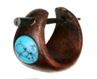 Load image into Gallery viewer, Holz Pin Creolen 14mm dunkelbraun Horn - Pin Ohrringe Türkis Inlay rund Handarbeit - chic - net.de
