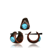 Load image into Gallery viewer, Holz Pin Creolen 14mm dunkelbraun Horn - Pin Ohrringe Türkis Inlay rund Handarbeit - chic - net.de
