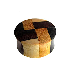 Load image into Gallery viewer, A round, double-flared wooden box with a wavy side, featuring a tribal four-color geometric pattern, inspired by handmade laminiert Holzplug vier Farben Muster Tribal Holz Plug designs.
