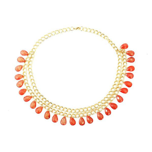 Kette 18 karat vergoldet zweilagig Glitzer Acryl Kristall rot Tropfen nickelfrei Karabiner - chic - net.de