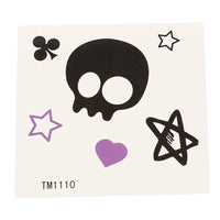 Load image into Gallery viewer, Klebetattoo temporär Comic Herzen Sterne Totenkopf schwarz lila 1 Bogen - chic - net.de
