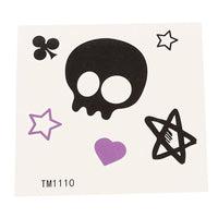 Load image into Gallery viewer, Klebetattoo temporär Comic Herzen Sterne Totenkopf schwarz lila 1 Bogen - chic - net.de
