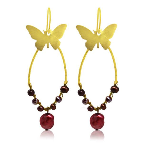 Kupferohrringe Creolen Schmetterling golden roten Perlen Ohrringe groß oval Damen Schmuck - chic - net.de